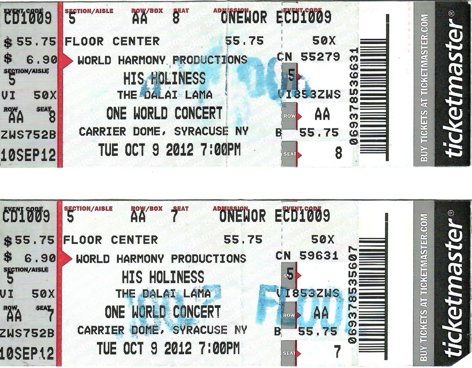DALAI LAMA LOT OF 2 ONE WORLD CONCERT TICKETS FROM 2012       CARRIER DOME