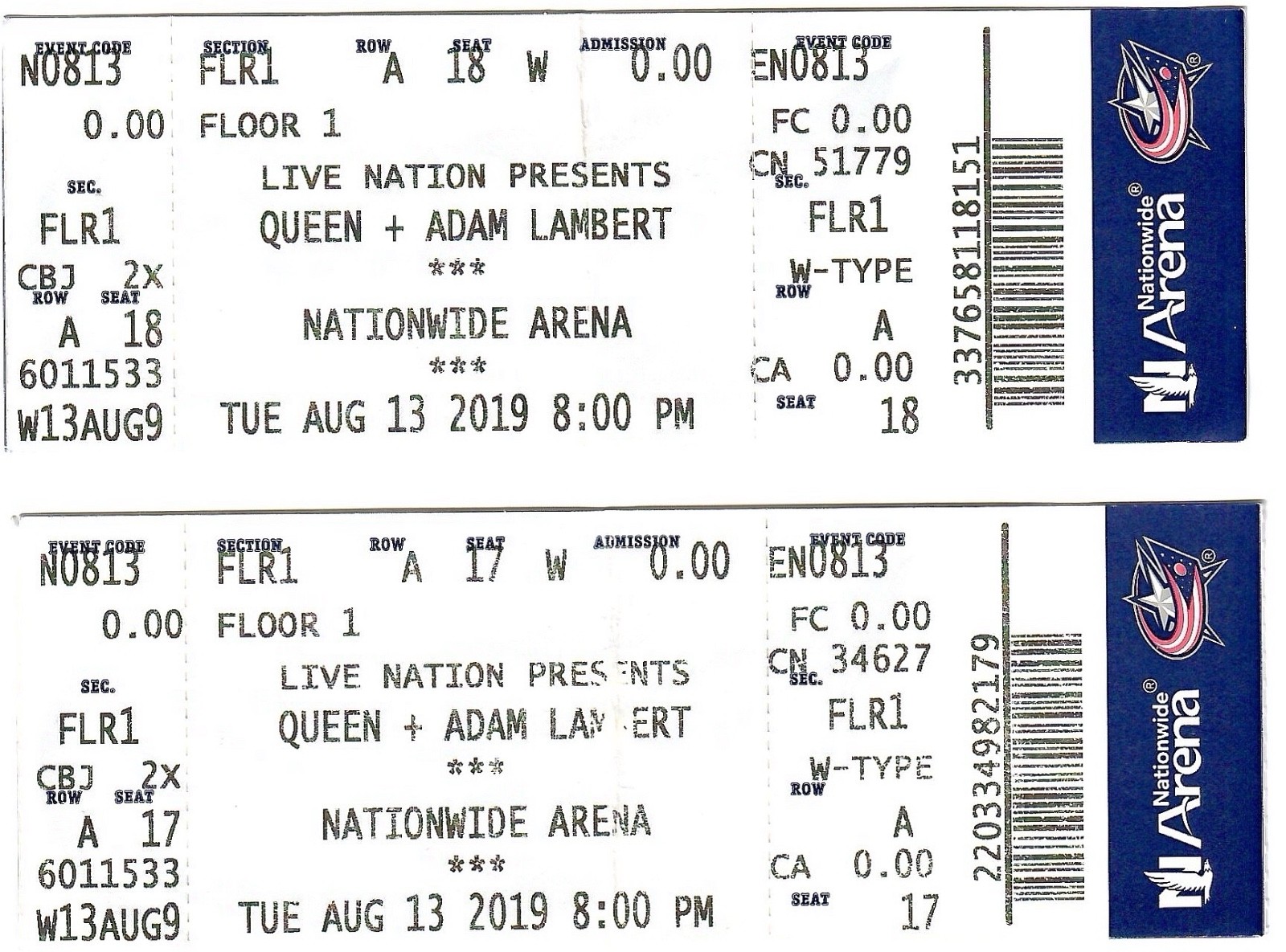 QUEEN LOT OF 2 USED TICKETS FROM 2019 COLUMBUS OHIO CONCERT       ADAM LAMBERT