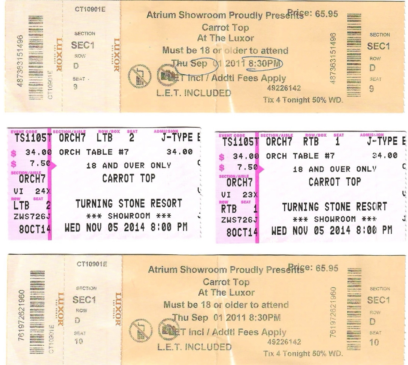 CARROT TOP LOT OF 4 USED TICKETS FROM 204 SYRACUSE,NY+2011 LAS VEGAS SHOWS