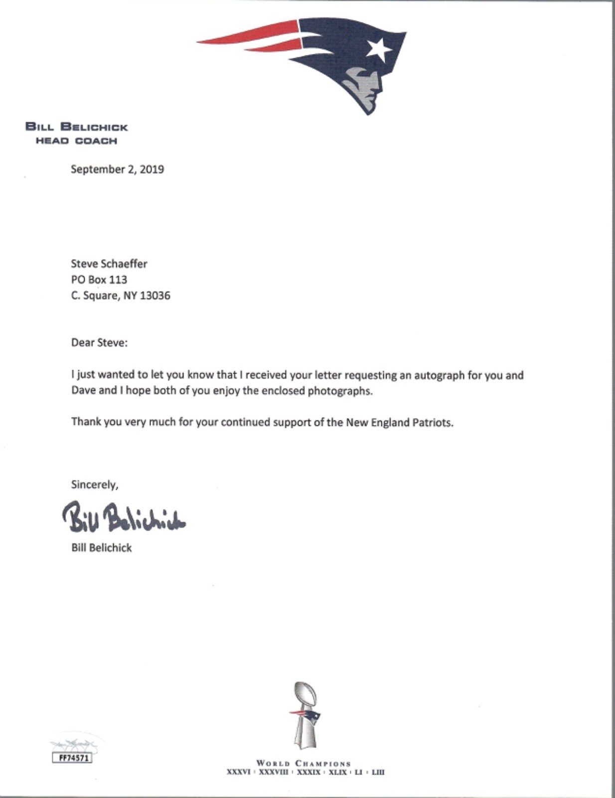 BILL BELICHICK HAND SIGNED 2019 LETTER ON PATRIOTS LETTERHEAD           JSA COA COLLECTIBLE MEMORABILIA