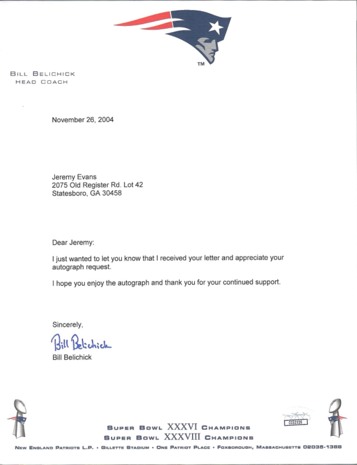 BILL BELICHICK HAND SIGNED 2004 LETTER ON PATRIOTS LETTERHEAD           JSA COA COLLECTIBLE MEMORABILIA
