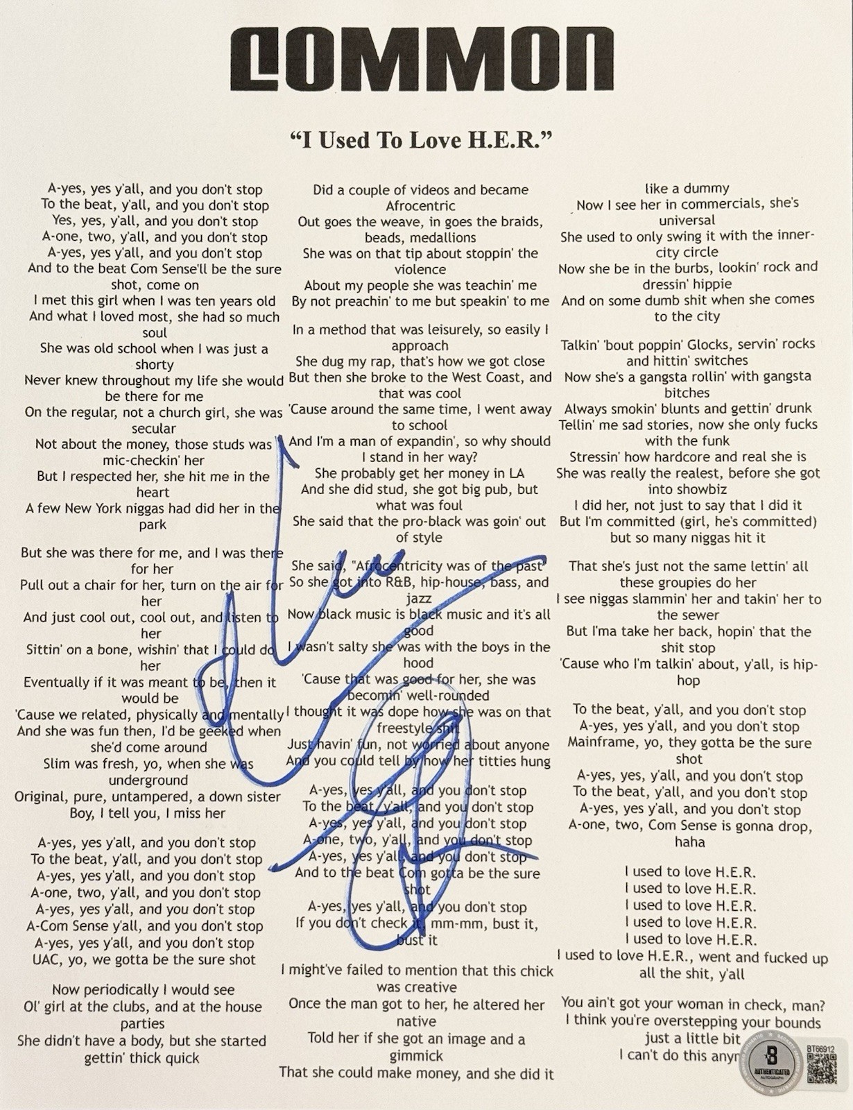 Common Signed Autographed I Used To Love H.E.R. Lyric Sheets BAS Beckett COA