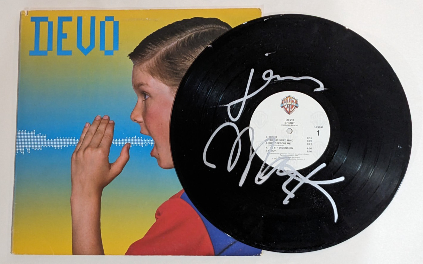 DEVO band REAL hand SIGNED Shout Vinyl Record COA Autographed Mark & Jerry