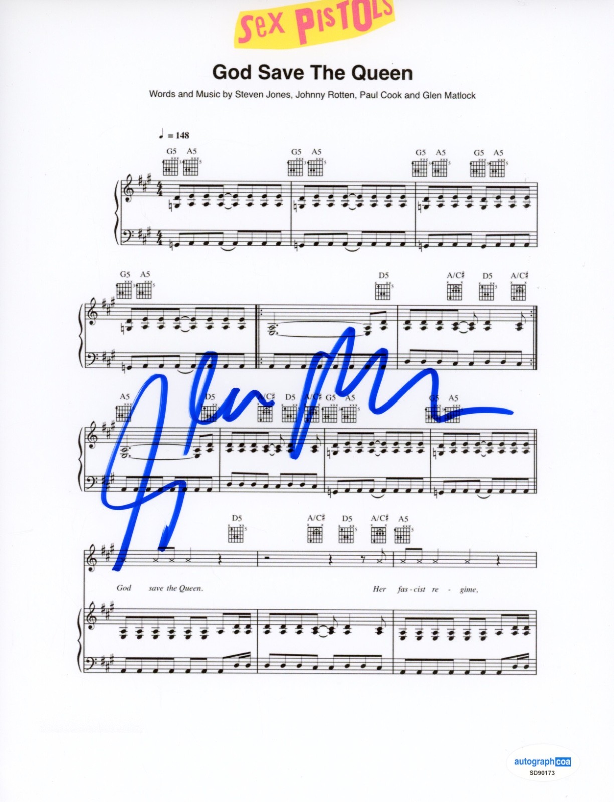 Glen Matlock SEX PISTOLS Signed Autograph 'God Save The Queen' Lyric Sheet ACOA