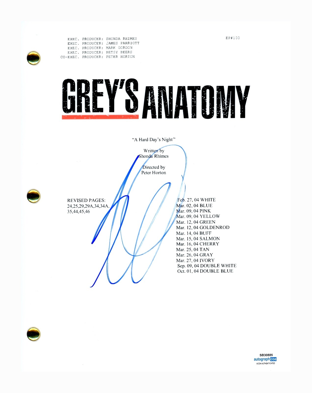 Eric Dane Signed Autographed Grey's Anatomy Pilot Script Screenplay ACOA COA