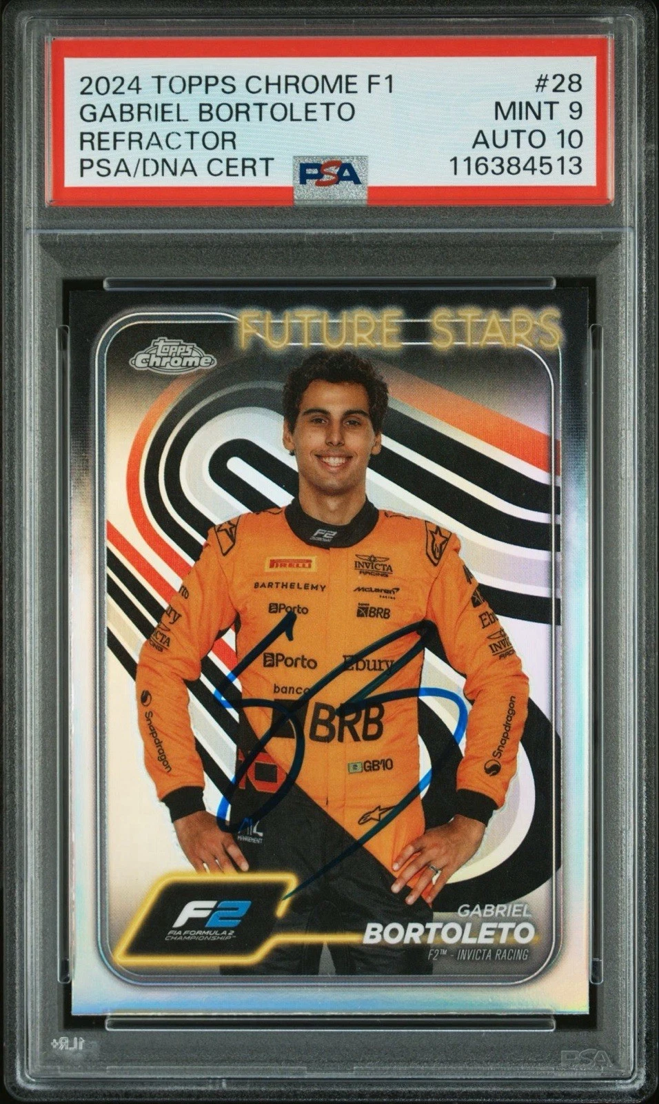 2024 Topps Chrome F1 #28 Gabriel Bortoleto Rookie Refractor PSA MINT 9/GEM MT 10