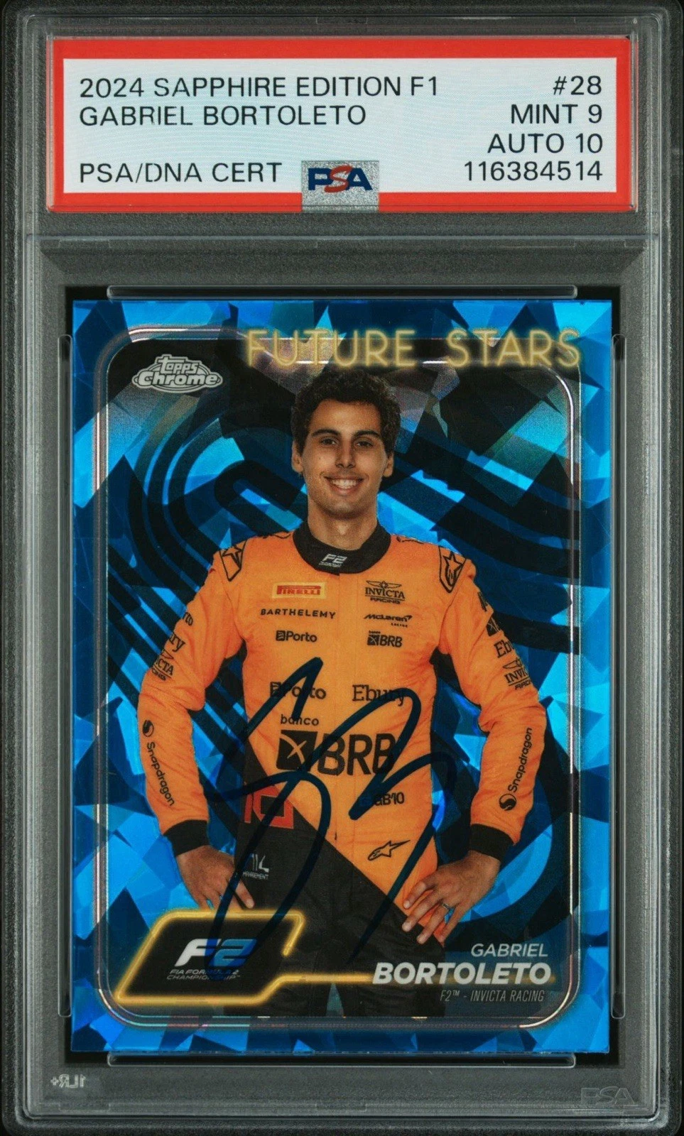 2024 Topps Chrome F1 #28 Gabriel Bortoleto Rookie Sapphire PSA MINT 9/GEM MT 10