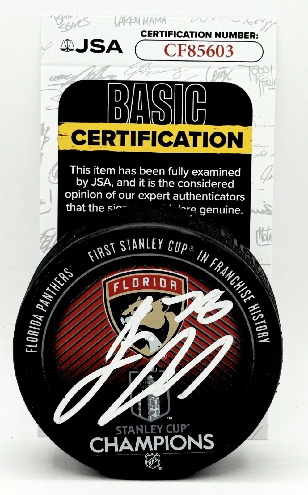 Josh Mahura signed Florida Panthers 2024 Stanley Cup Champs Puck autographed JSA
