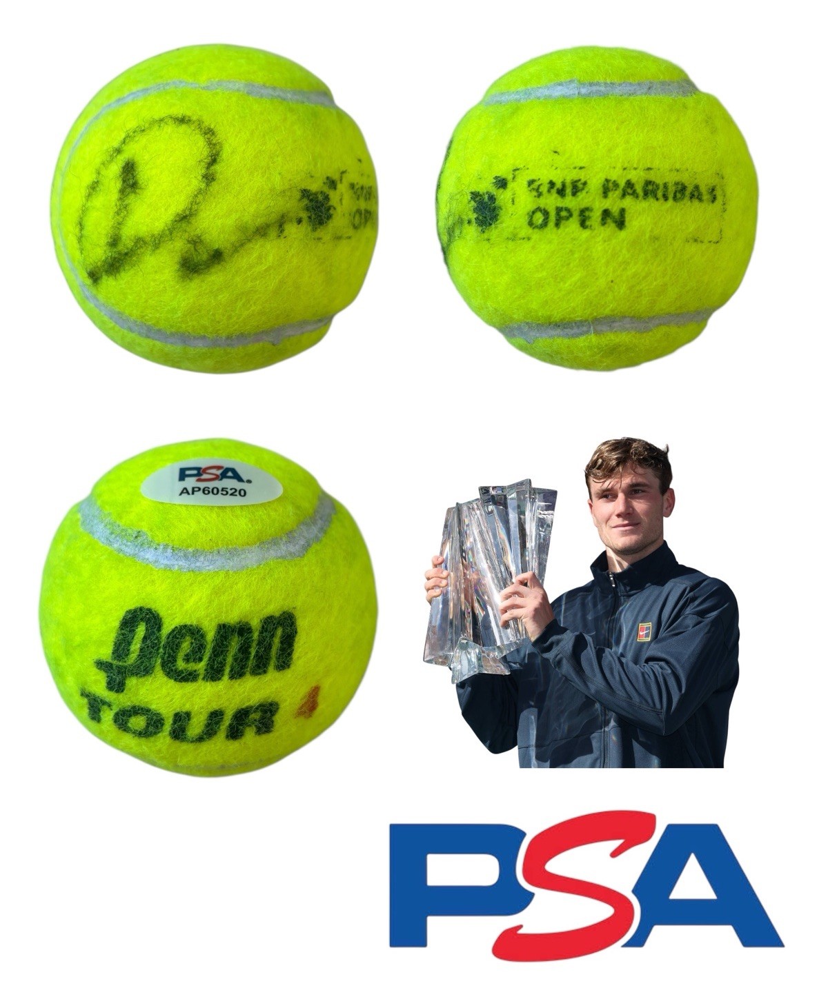 Jack Draper Signed 2025 Indian Wells CHAMPION Match Used Tennis Ball PSA AUTO