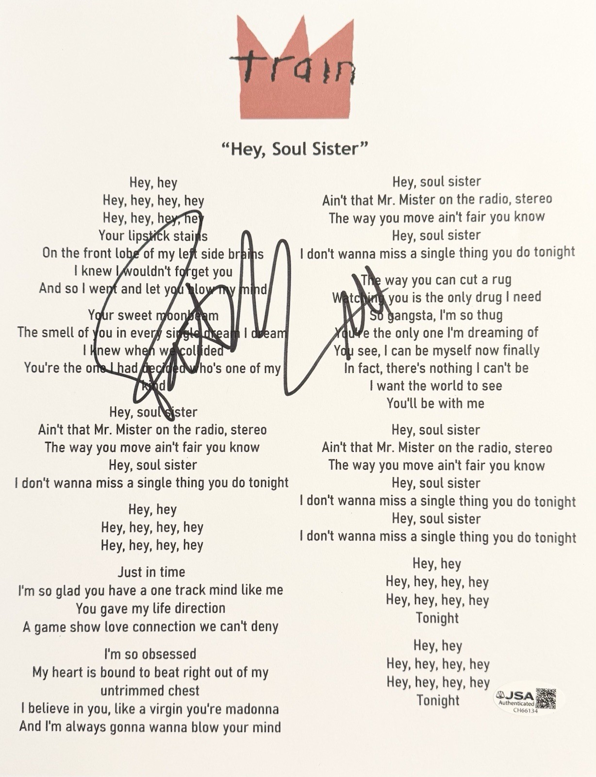 Pat Monahan Signed Autographed Train “Hey, Soul Sister” Lyric Sheet JSA COA