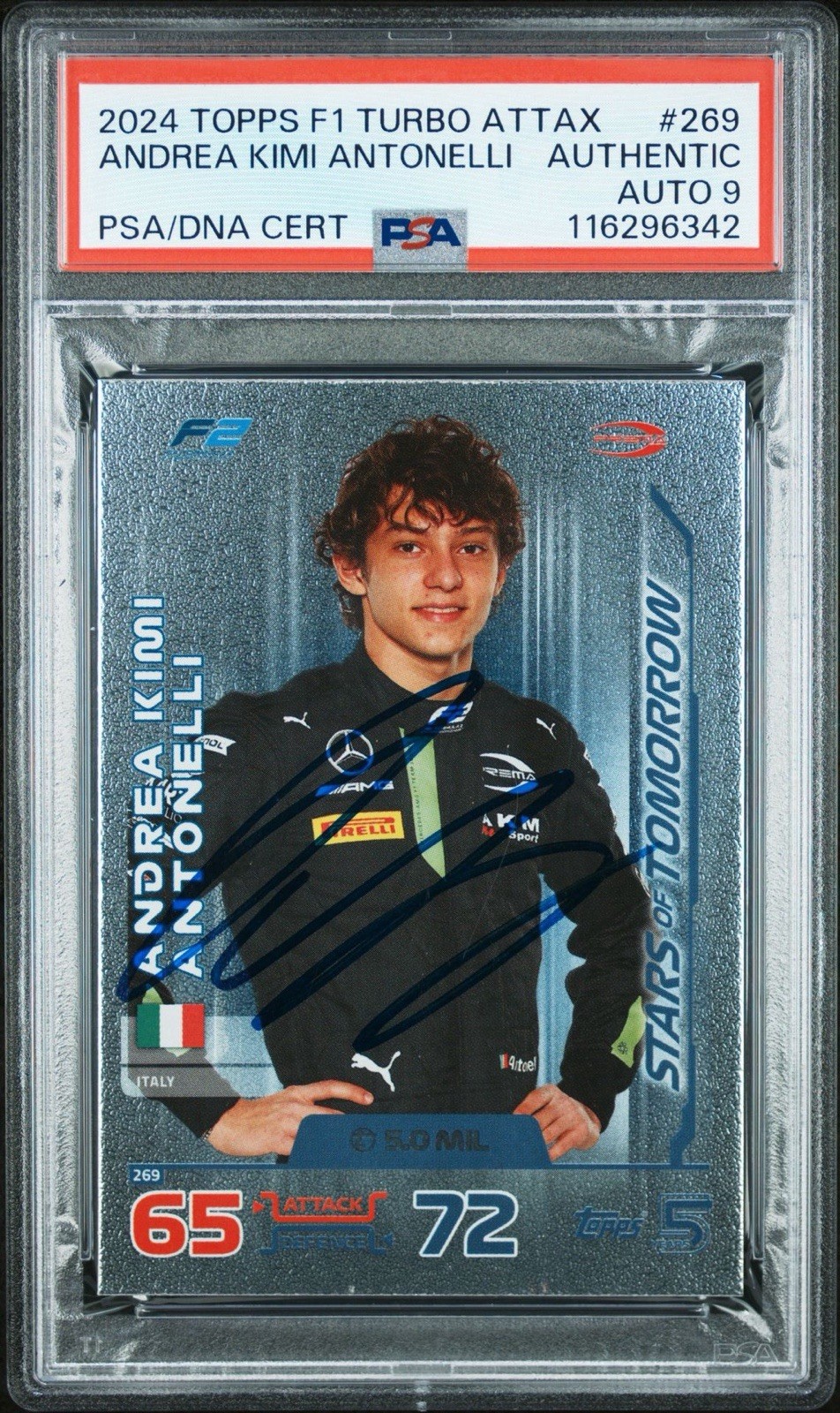 2024 Topps Turbo Attax F1 Andrea Kimi Antonelli Signed Rookie PSA MINT 9 AUTO RC