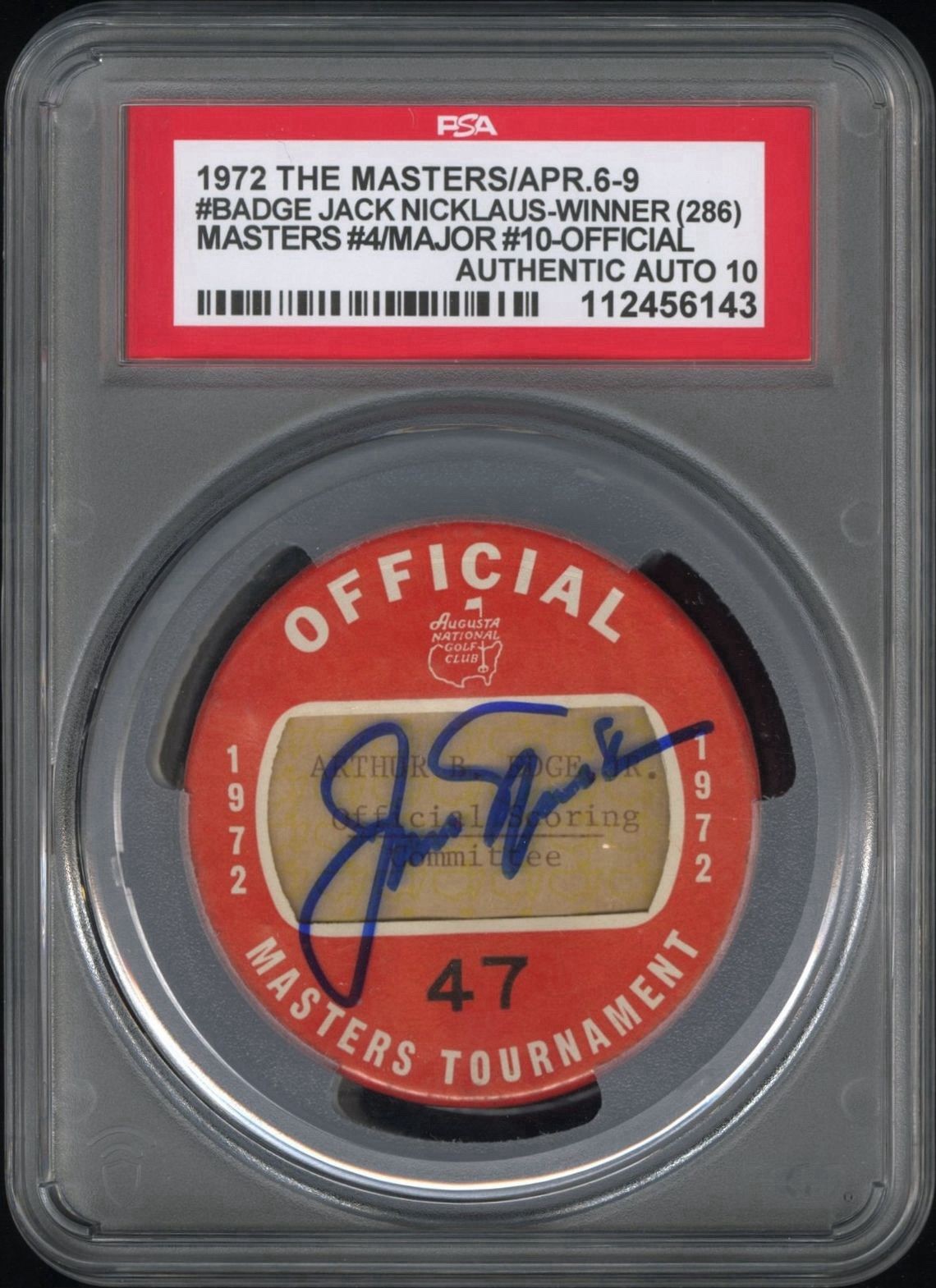 Jack Nicklaus Signed 1972 Masters Champion Major #10 Badge PSA GEM MINT 10 AUTO