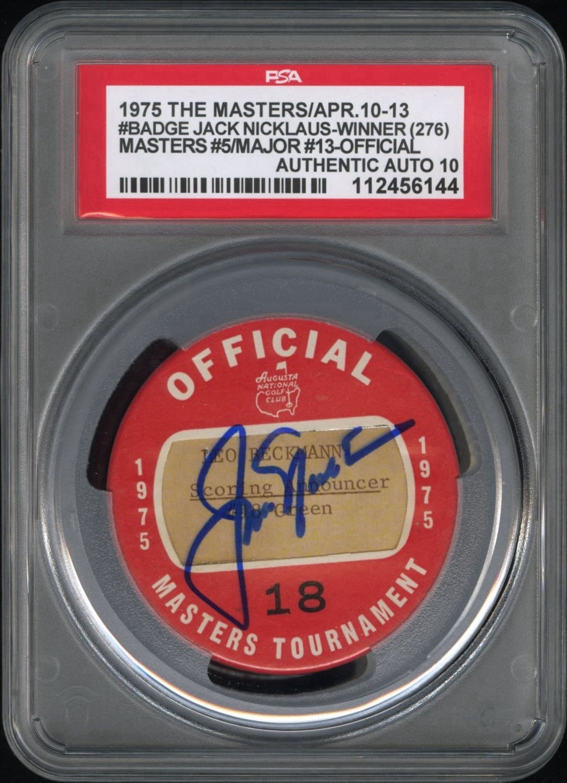 Jack Nicklaus Signed 1975 Masters Champion Major #13 Badge PSA GEM MINT 10 AUTO