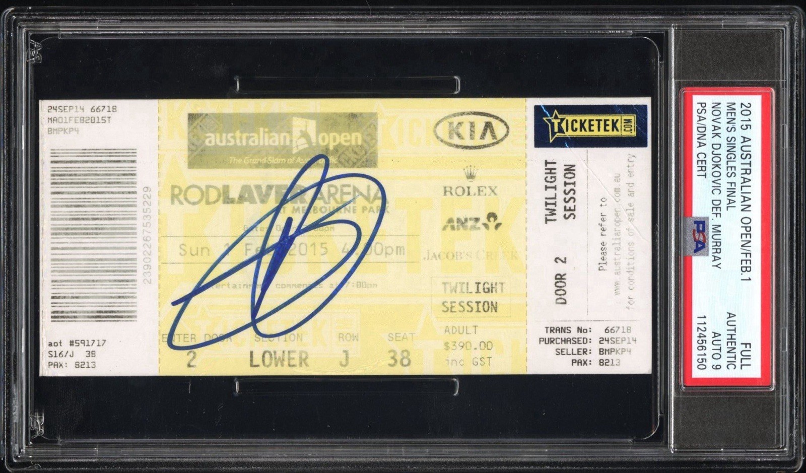 Novak Djokovic Signed 2015 Australian Open Final Champion Ticket PSA MINT 9 AUTO