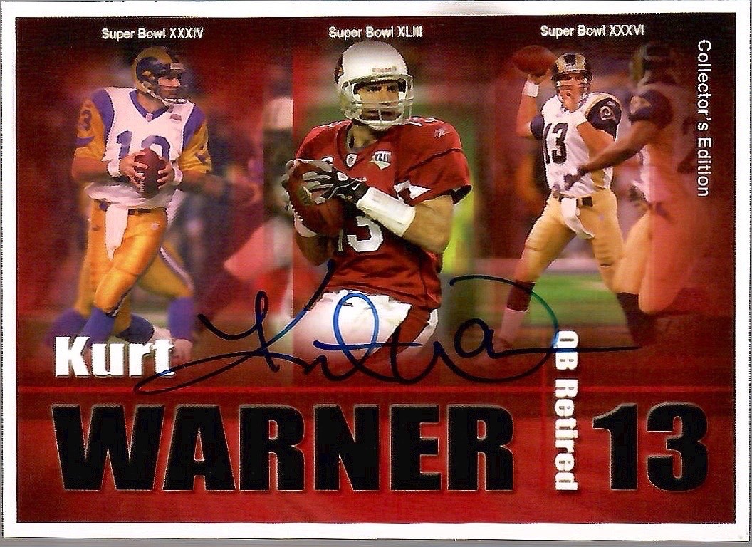 KURT WARNER SIGNED COLLECTORS EDITION FOOTBALL CARD+COA    HOF QB RAMS+CARDINALS