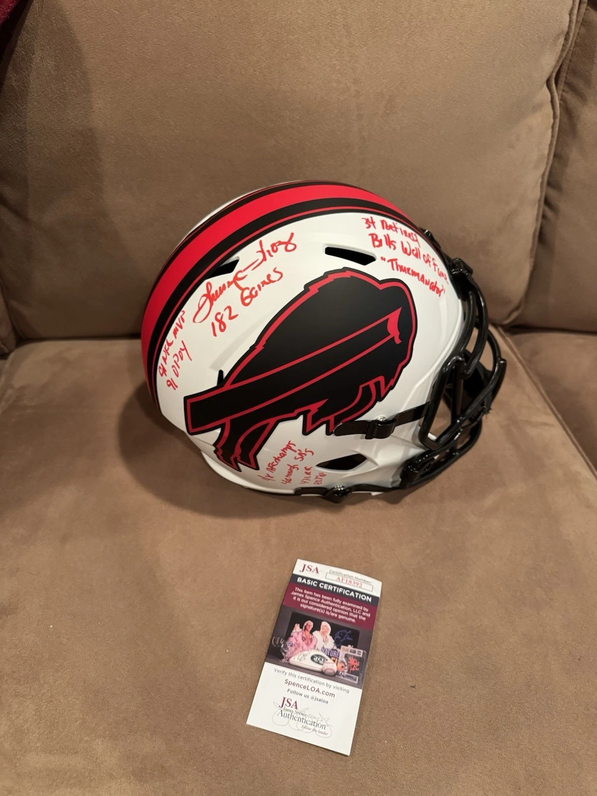 Thurman Thomas SIGNED Buffalo Bills Lunar Eclipse STAT HELMET JSA 10 INSCRIPTION