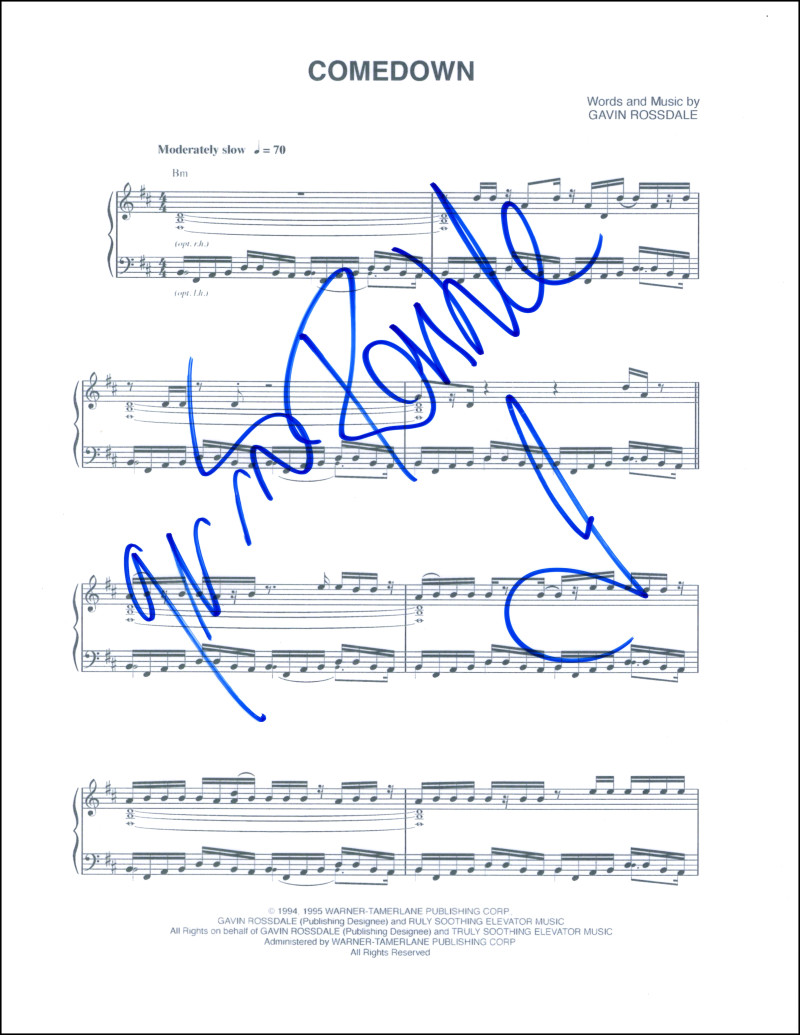 Gavin Rossdale of Bush Signed Autograph Comedown Sheet Music - Sixteen Stone