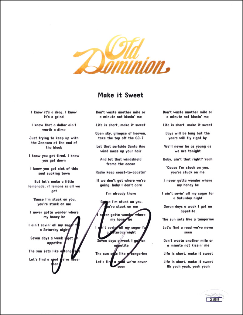 Matthew Ramsey Old Dominion Signed Autograph Make It Sweet Lyric Sheet JSA COA