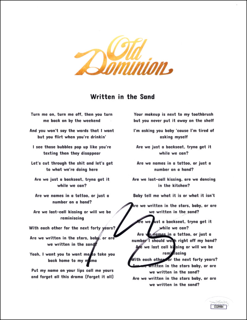 Matthew Ramsey Old Dominion Signed Autograph Written in the Sand Lyric Sheet COA