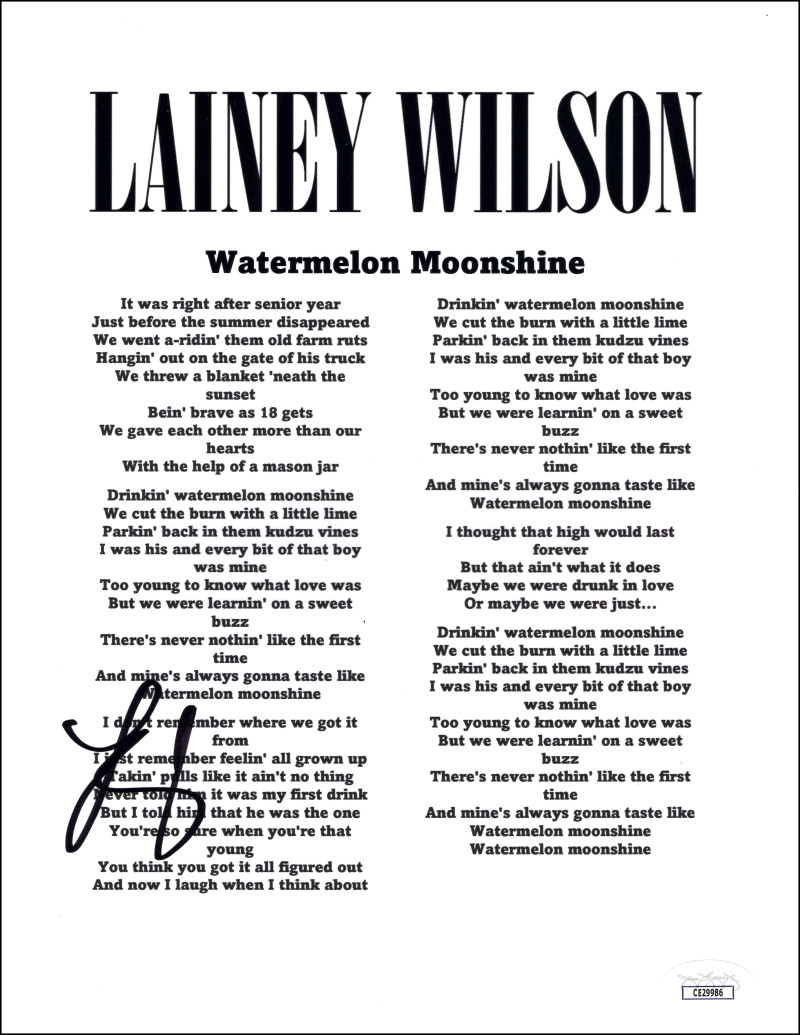 Lainey Wilson Signed Autograph Watermelon Moonshine Lyric Sheet w/ JSA COA