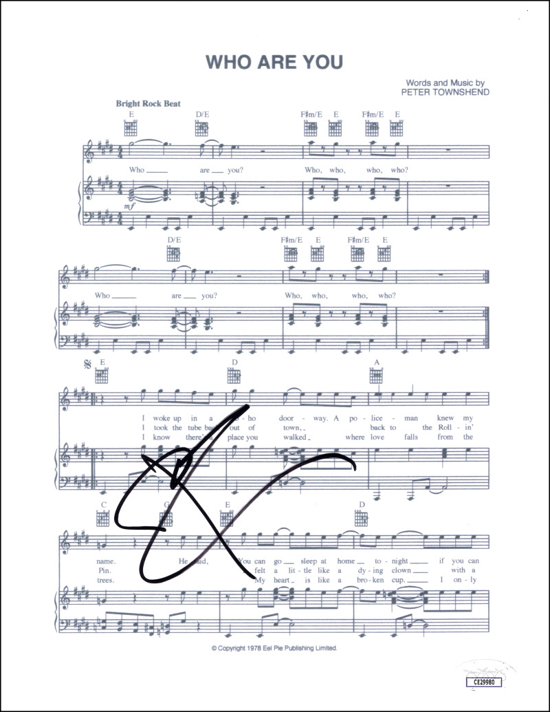 Pete Townshend The Who Signed Autograph Who Are You Sheet Music Page w/ JSA COA