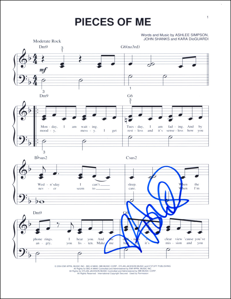 ASHLEE SIMPSON SIGNED AUTOGRAPH PIECES OF ME SHEET MUSIC – AUTOBIOGRAPHY SINGER COLLECTIBLE MEMORABILIA