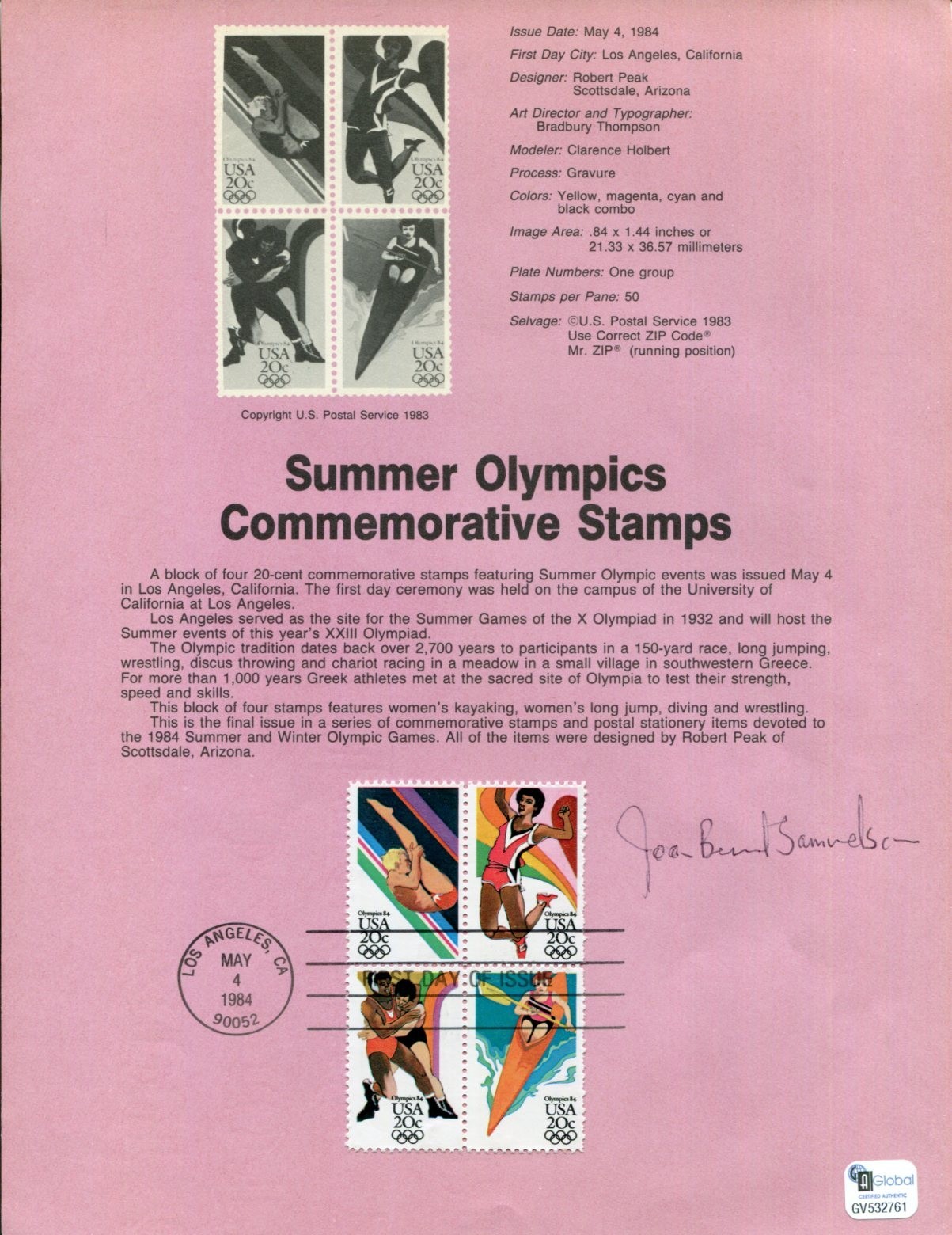 Joan Benoit US Olympic Gold Marathon Runner Signed Autograph FDC Sheet GAI COA