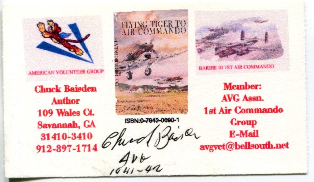 Charles Chuck Baisden WWII War Flying Tigers Rare P-40 Signed Autograph Biz Card