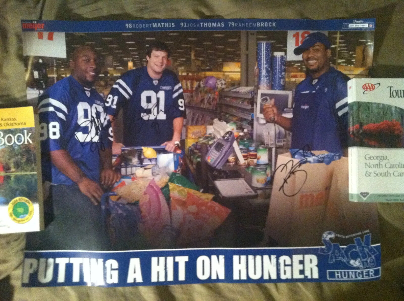 Robert Mathis, Raheem Brock, Josh Thomas signed Indianapolis Colts Poster Auto