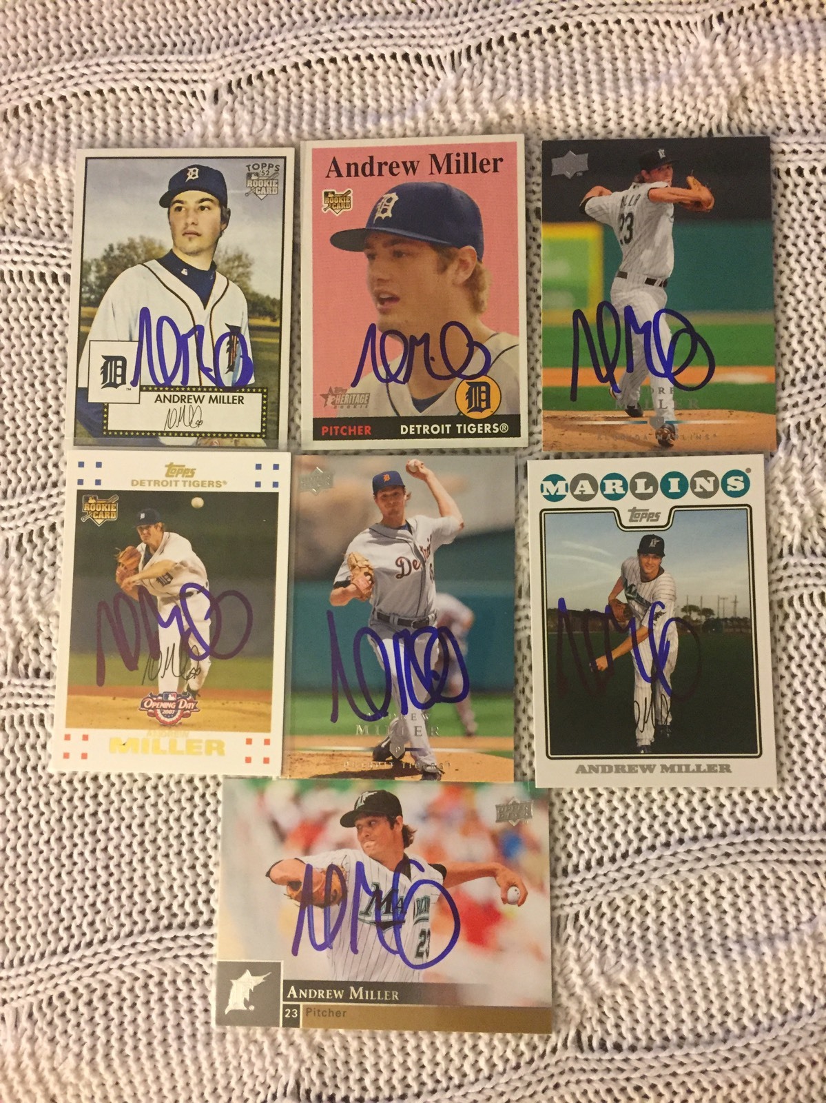 7 Andrew Miller Signed Baseball Trading Card Lot Tigers Marlins Yankees Indians