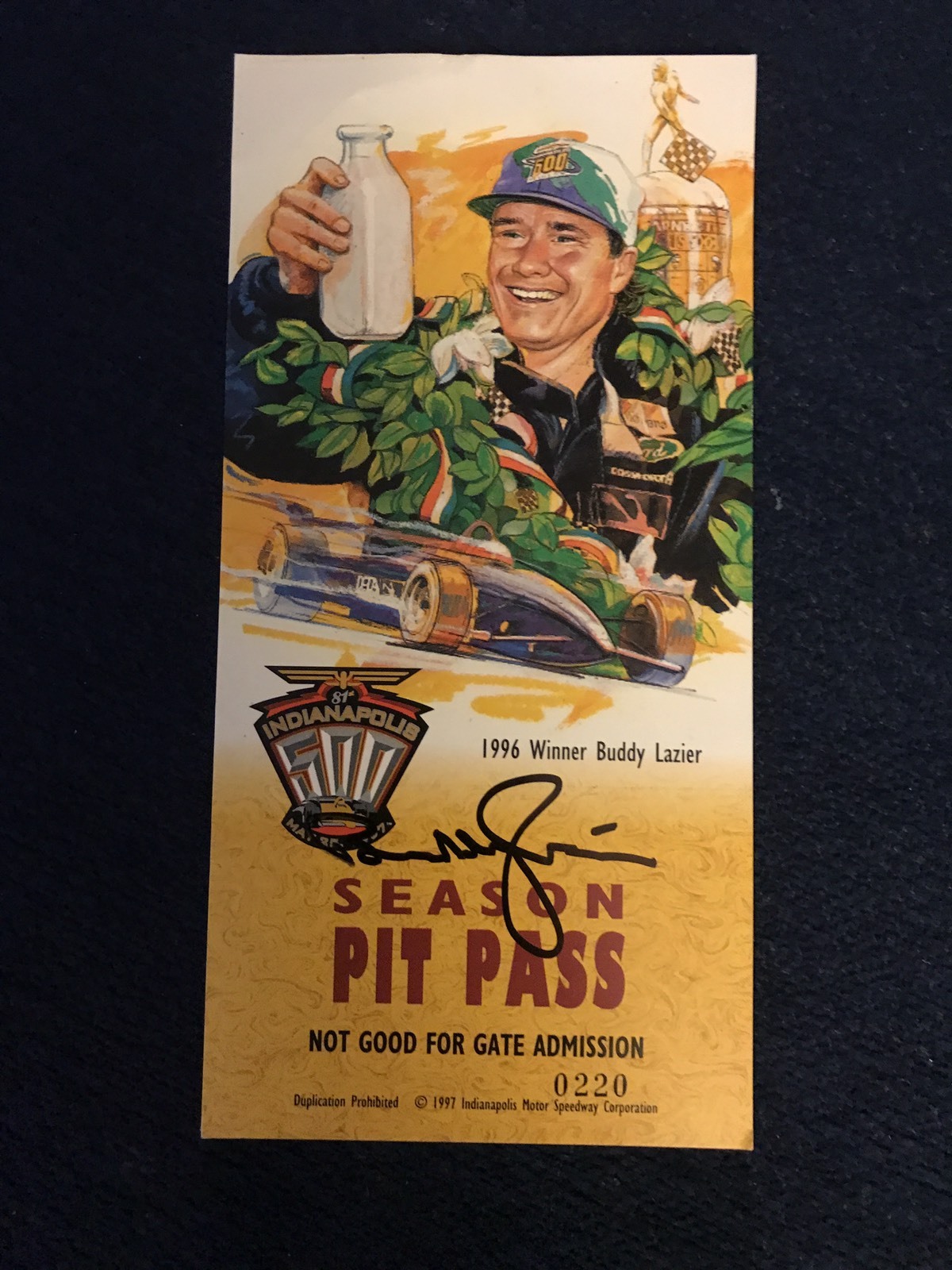 Buddy Lazier 1996 Winner Signed Indianapolis Indy 500 Ticket 1997 Credential