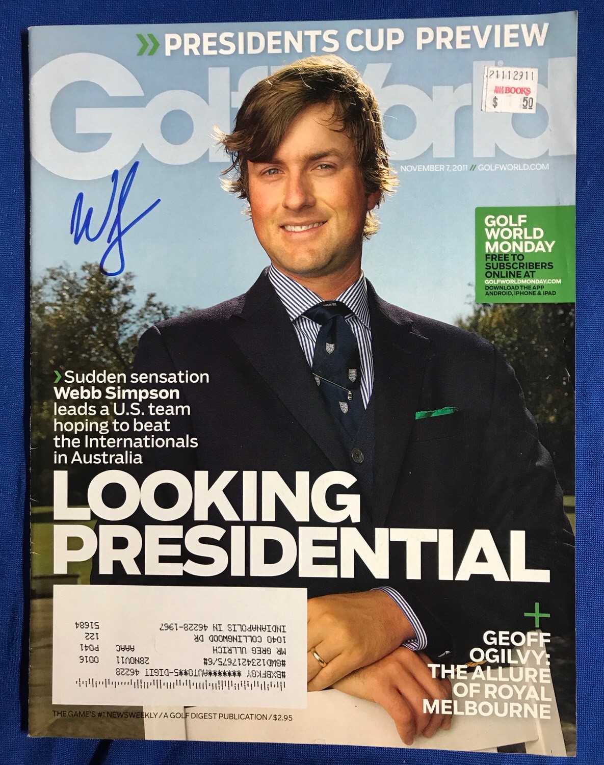 Webb Simpson Autographed Magazine Signed PGA Golf Autographed Pricing Sticker