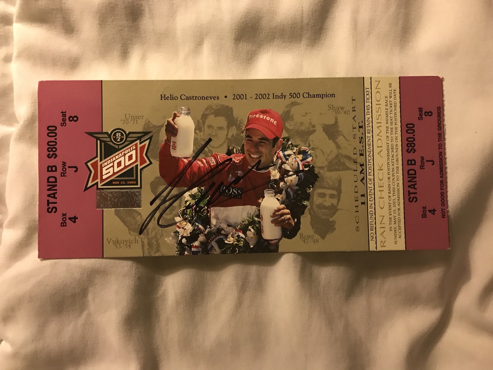 Helio Castroneves (2002 Winner) Signed Indianapolis Indy 500 Ticket 2003 Race