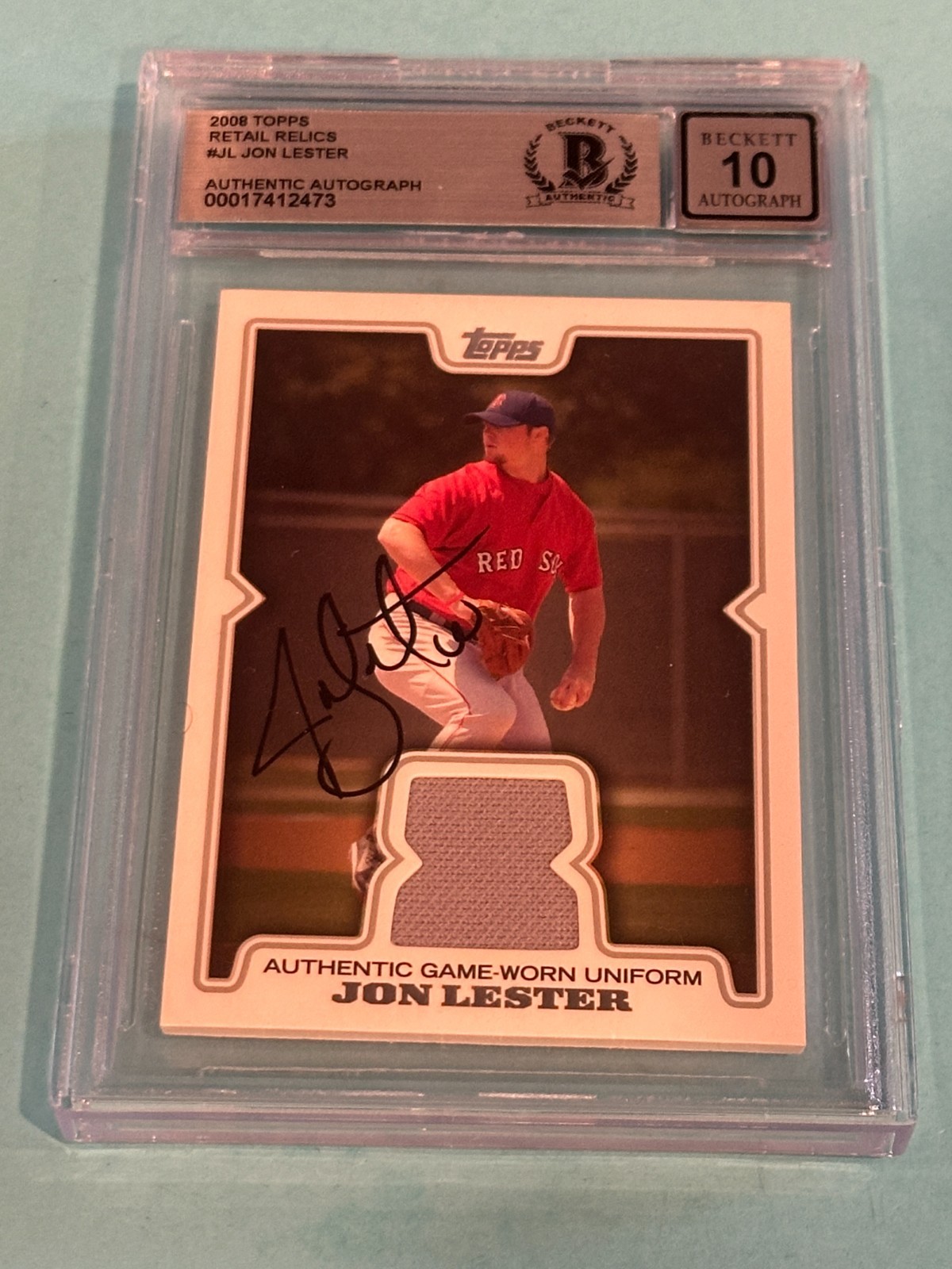 JON LESTER Signed 2008 TOPPS RETAIL RELICS Card #64JL Beckett BAS AUTO 10