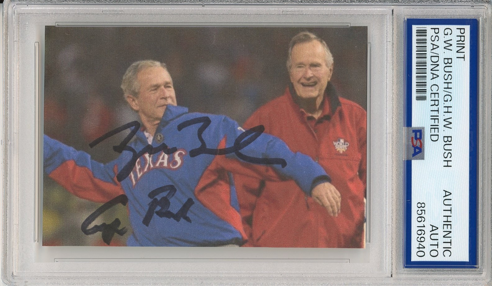 SIGNED by TWO President George W HW Bush Texas World Series Picture PSA DNA COA