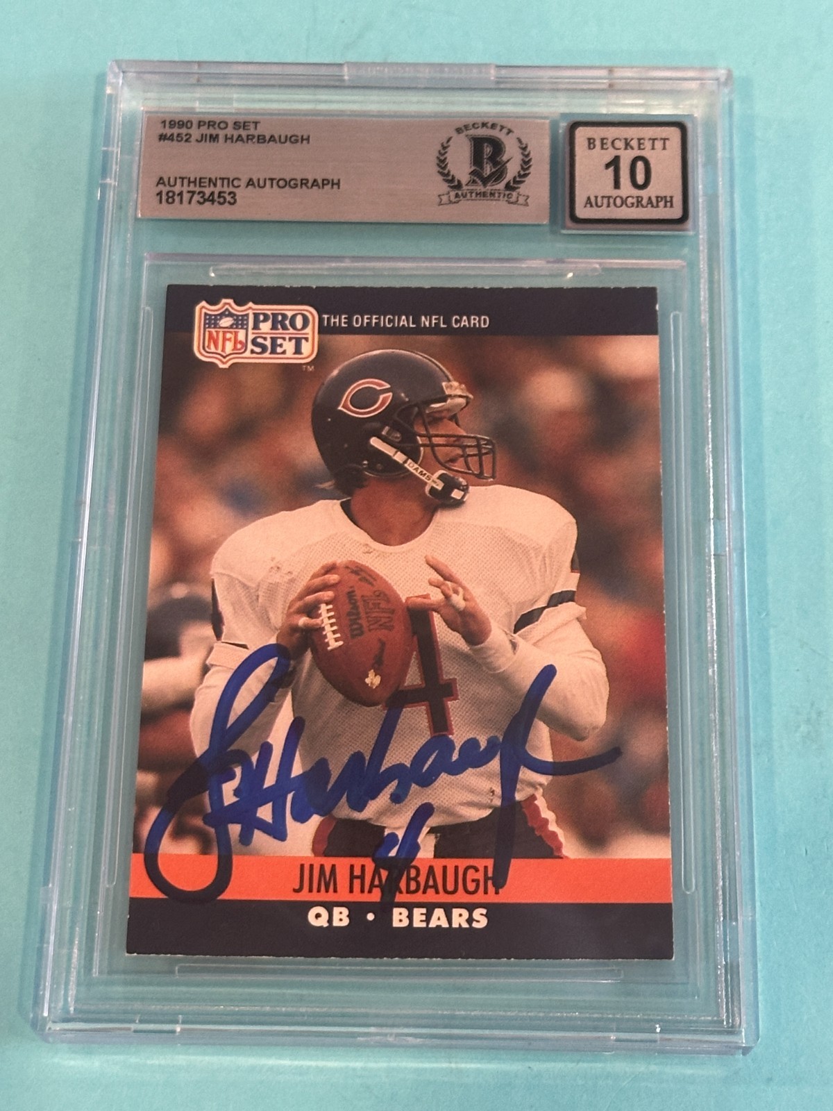 JIM HARBAUGH Signed 1990 PRO SET Card #452 BAS AUTO 10