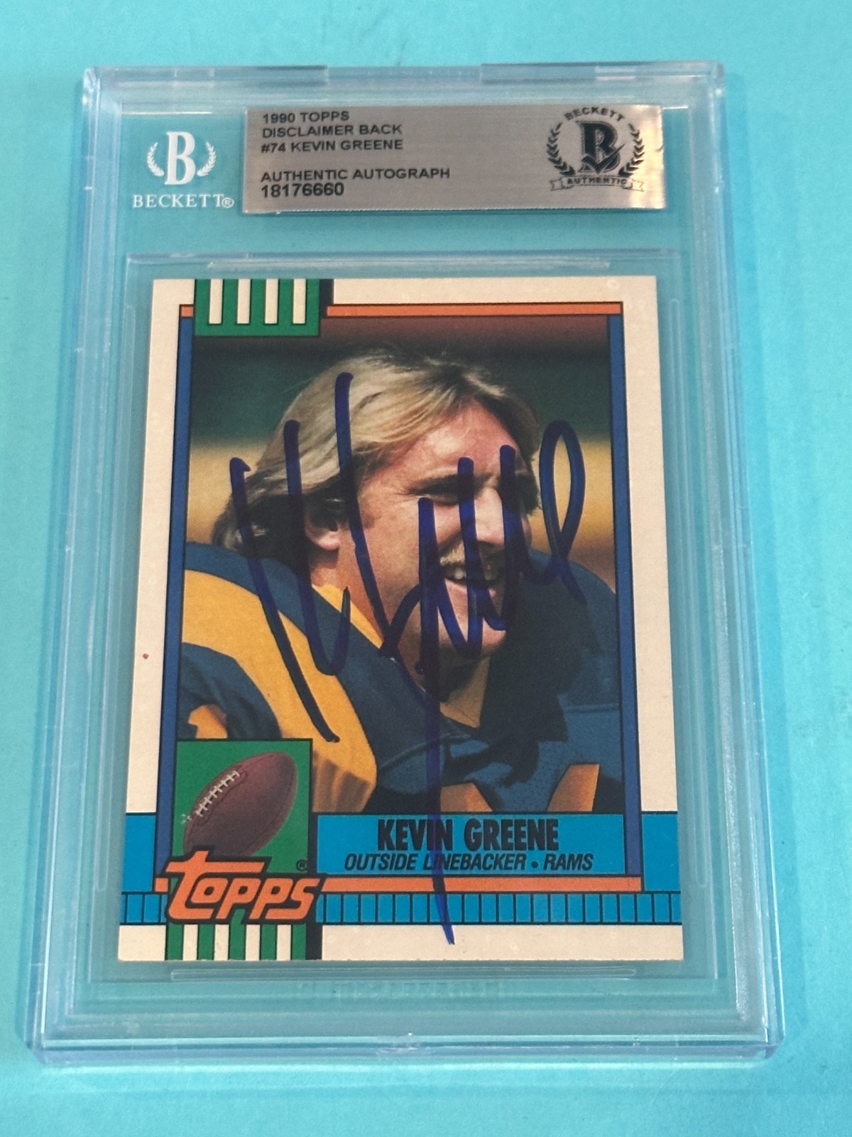 KEVIN GREENE Signed 1990 TOPPS Card #74 Beckett BAS (disclaimer back)