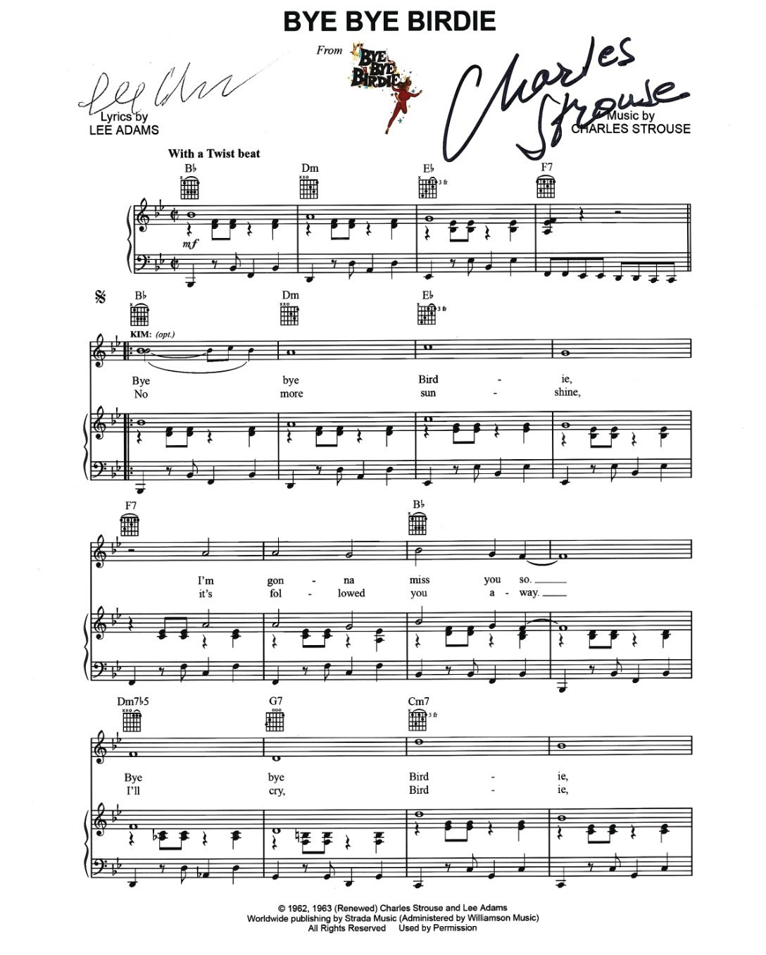 Charles Strouse & Lee Adams SIGNED Bye Bye Birdie Musical Sheet Music COA