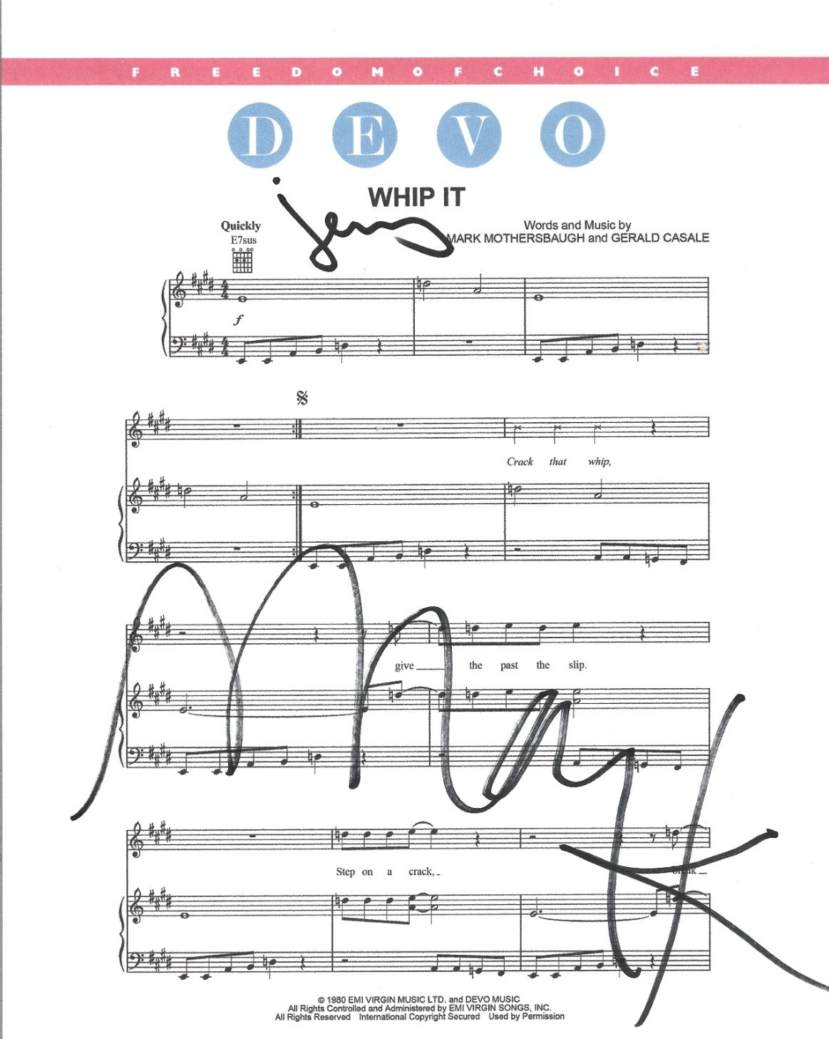 DEVO band REAL hand SIGNED Whip It Sheet Music COA Autographed Mark & Jerry