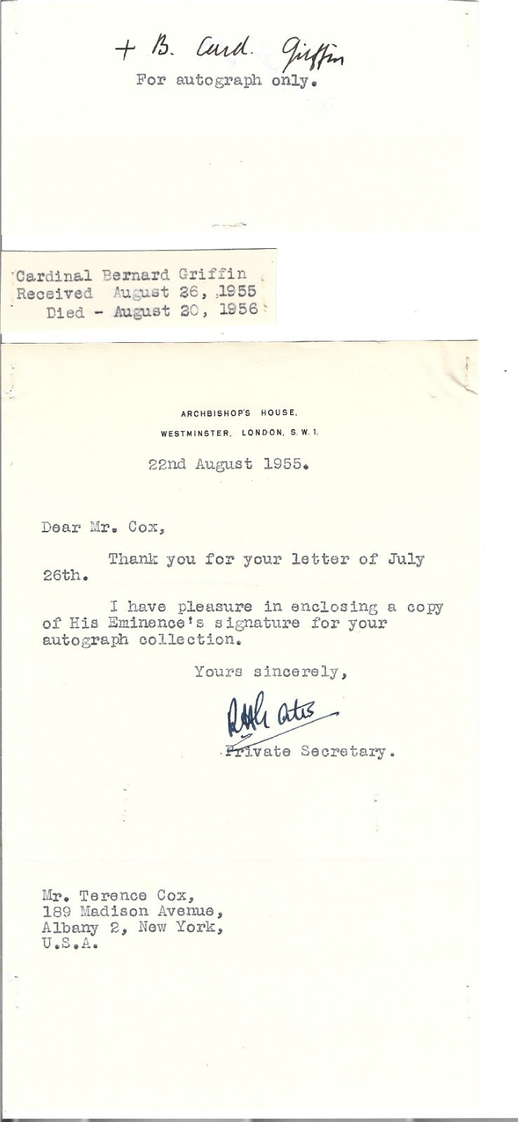 Cardinal Archbishop Bernard Griffin of Westminster REAL SIGNED Album Page COA