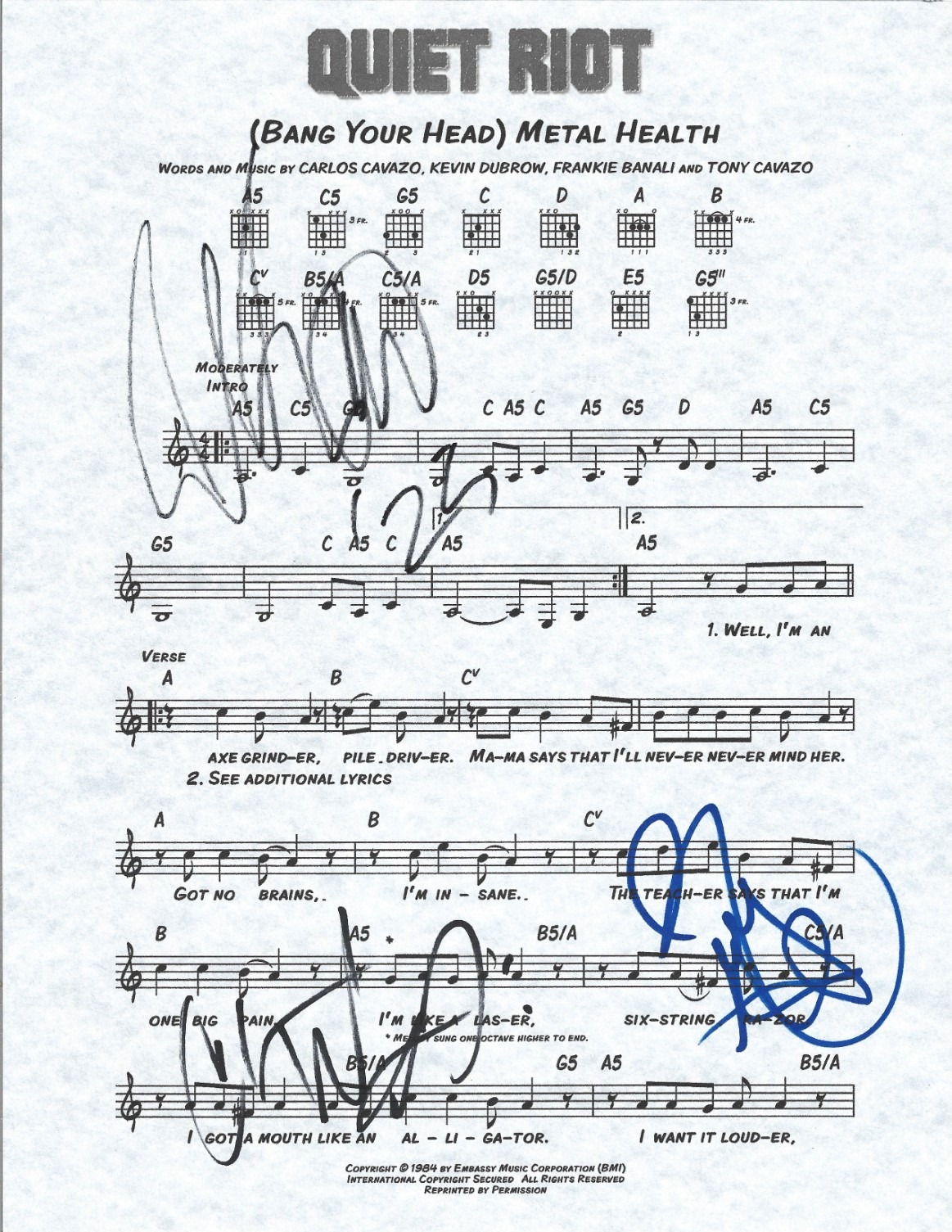 Quiet Riot SIGNED (Bang Your Head) Metal Health Sheet Music COA Autographed by 3