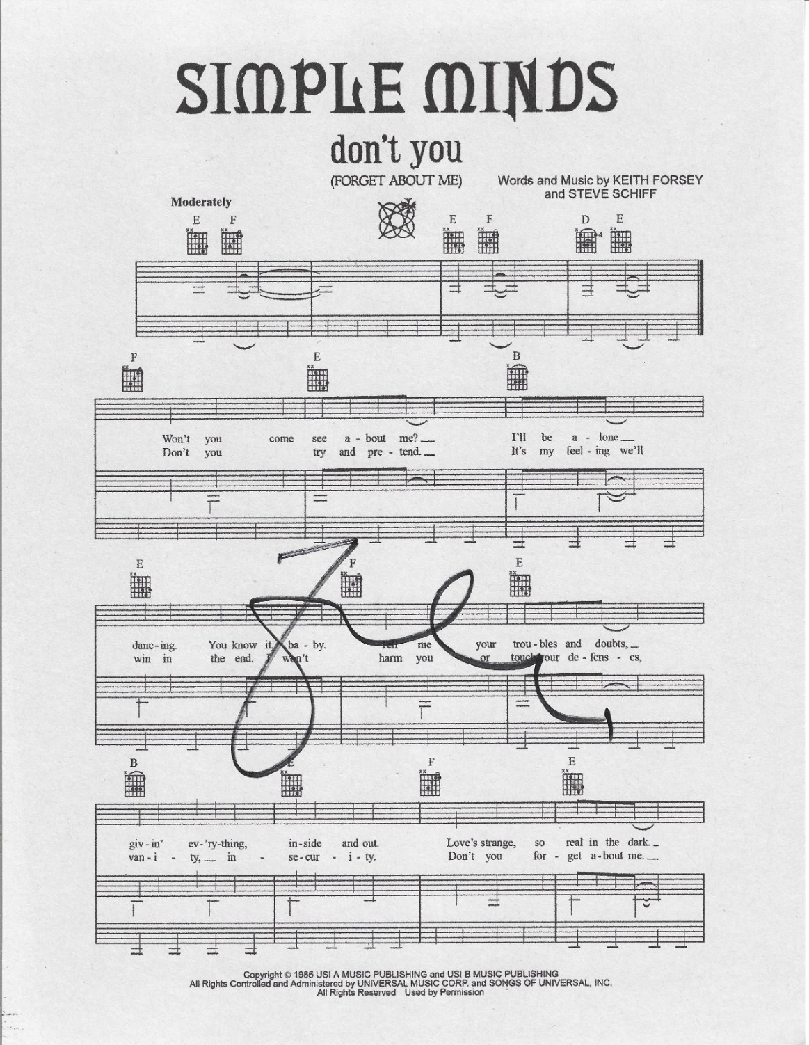 Jim Kerr of Simple Minds REAL hand SIGNED Don't You Sheet Music COA Autographed