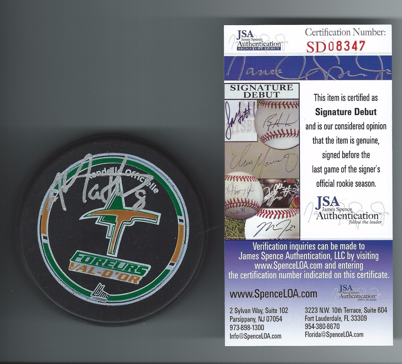ANTHONY MANTHA SIGNED VAL-D'OR FOREURS PUCK JSA SIGNATURE DEBUT AUTHENTICATED