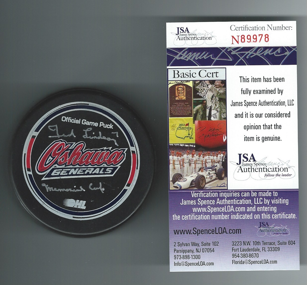 TED LINDSAY SIGNED & INSCRIBED OSHAWA GENERALS GAME PUCK JSA AUTHENTICATED