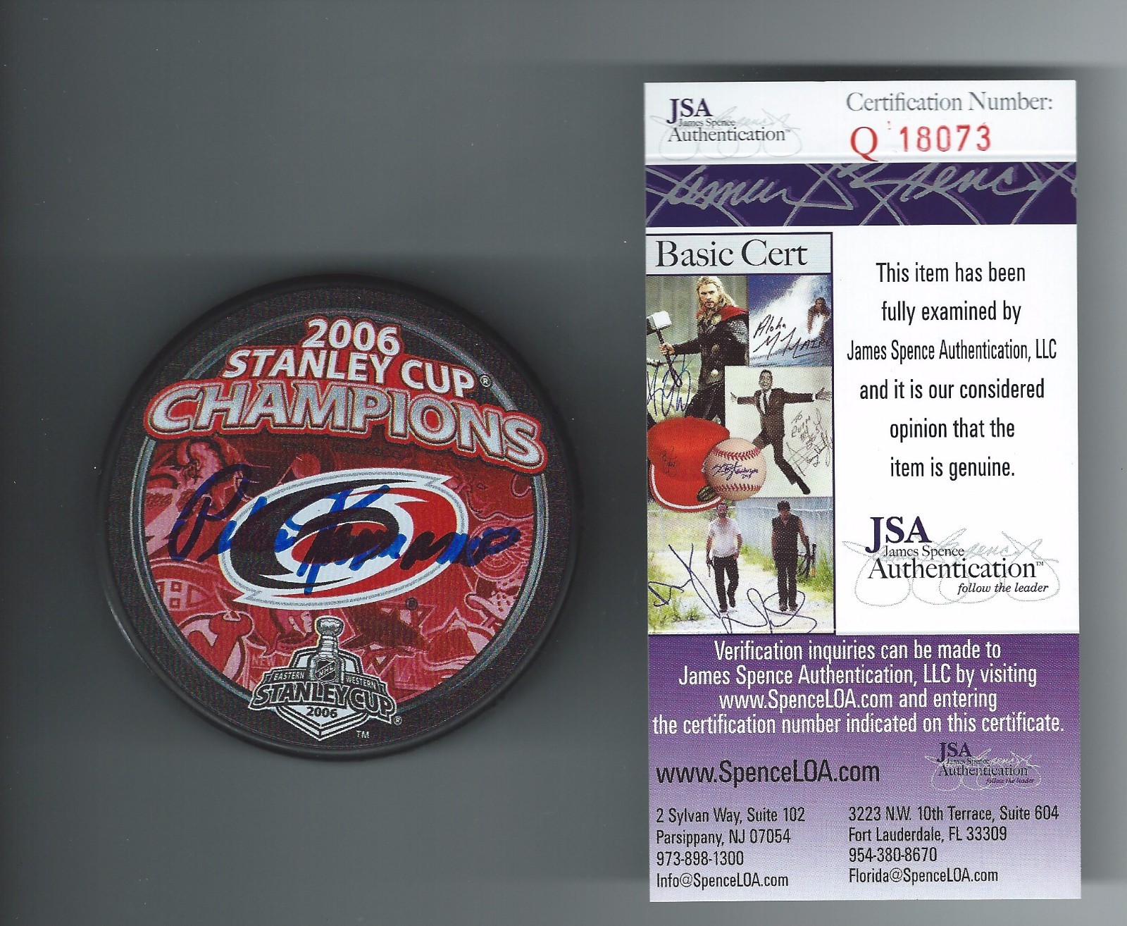 PETER KARMANOS SIGNED CAROLINA HURRICANES 2006 STANLEY CUP PUCK JSA Q18073