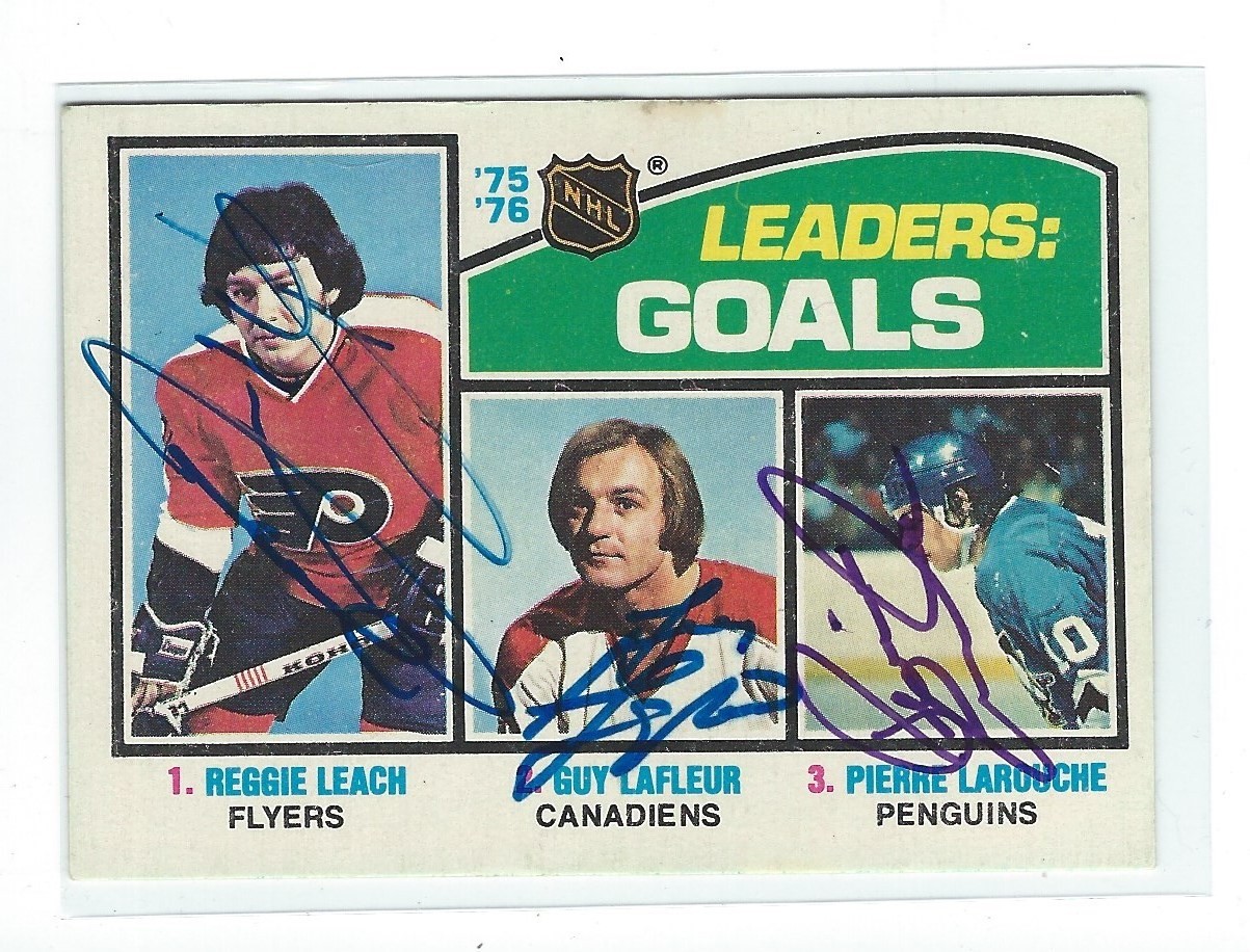 Reggie Leach Guy LaFleur Pierre Larouche Signed 1976/77 O-Pee-Chee Goals Card #1