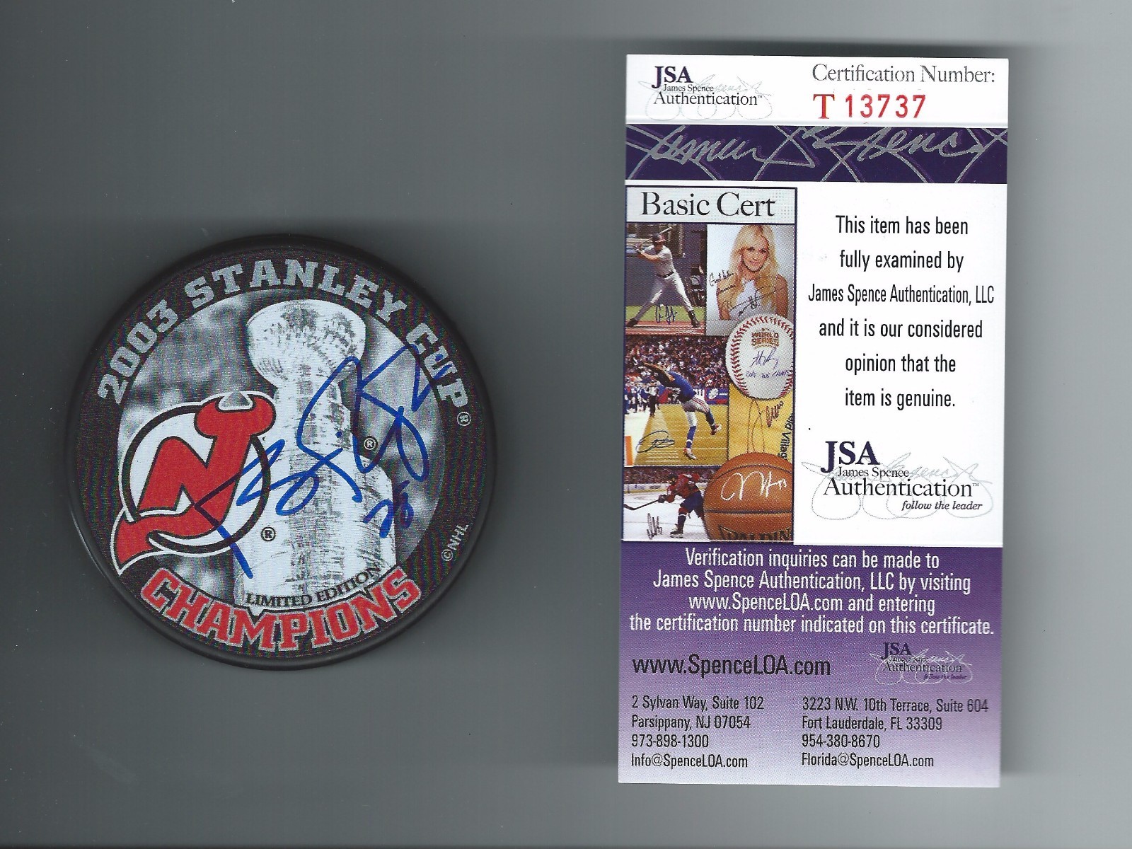 Brain Rafalski Signed New Jersey Devils 2003 Stanley Cup Champions Puck JSA COA