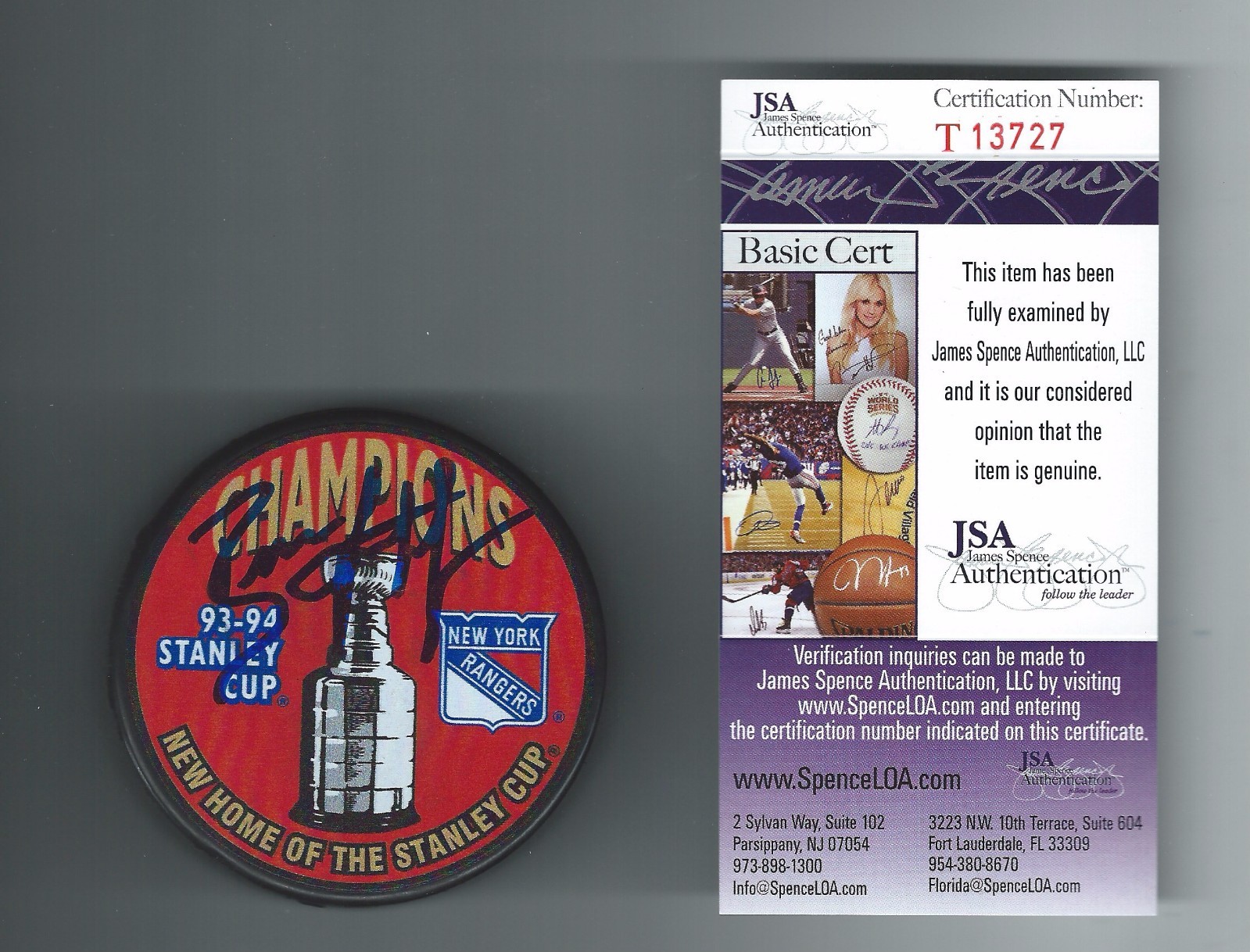 Brian Leetch Signed New York Rangers 1994 Stanley Cup Champions Puck JSA T13727