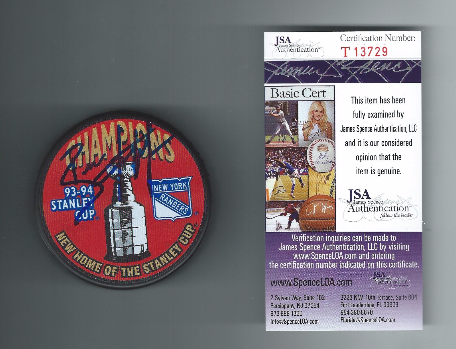 Brian Leetch Signed New York Rangers 1994 Stanley Cup Champions Puck JSA T137279