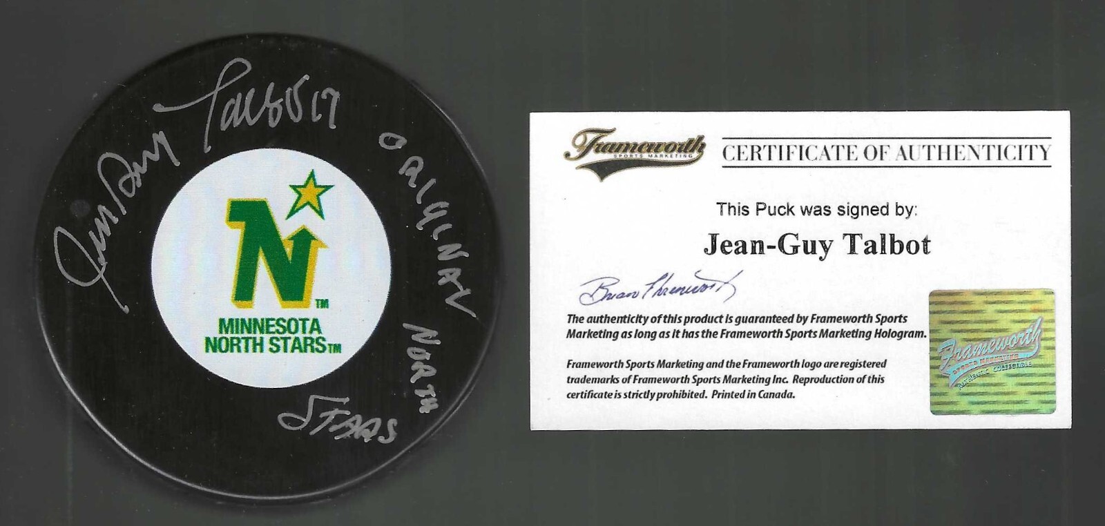 Jean-Guy Talbot Signed & Inscribed Minnesota North Stars Puck Frameworth COA